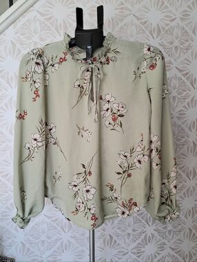 Timing Ruffeled Neck Sage Green Floral Tie-Neck Blouse